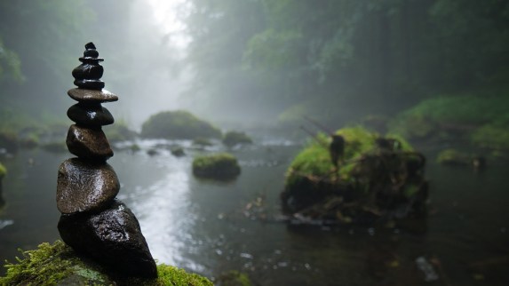 River Stones Moss Mystical Background Fog Cairn